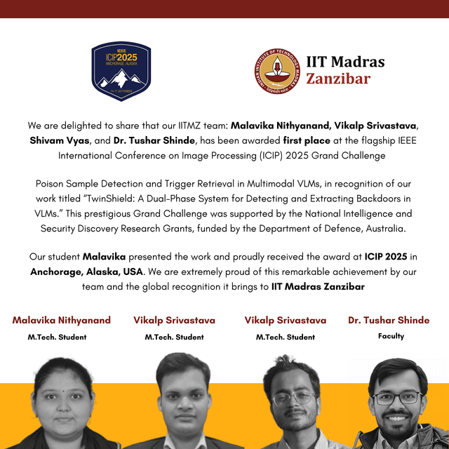 Award poster for Malavika Nithyanand (M.Tech student), Vikalp Srivastava (M.Tech student), Shivam Vyas (M.Tech student)